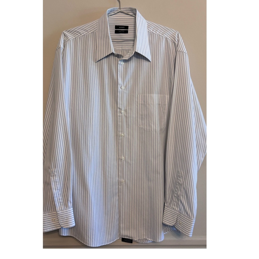 Alfani Iron Free Blue Stripe Dress Shirt Men's XL 17 34/35 Button Down Preppy